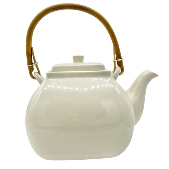 Pottery Barn Asian Square Teapot White Ceramic w Bamboo Handle Made In Japan - Picture 5 of 7